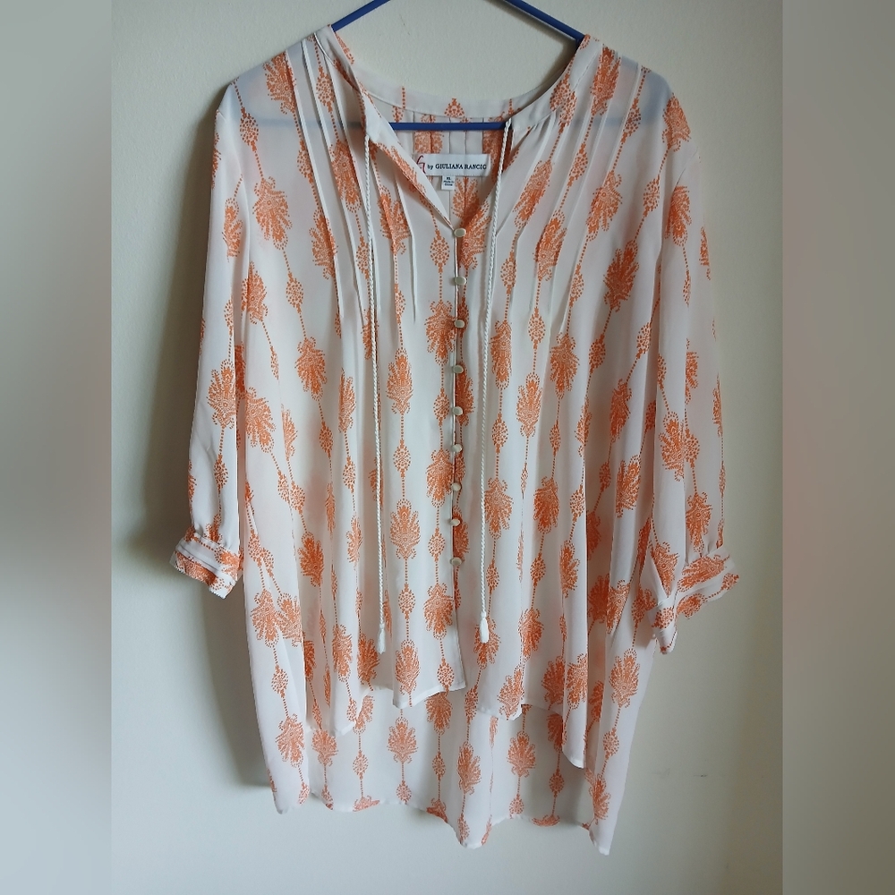 G by Giuliana XL Orange white  Top 3/4 Sleeve Tie Neck Button Front